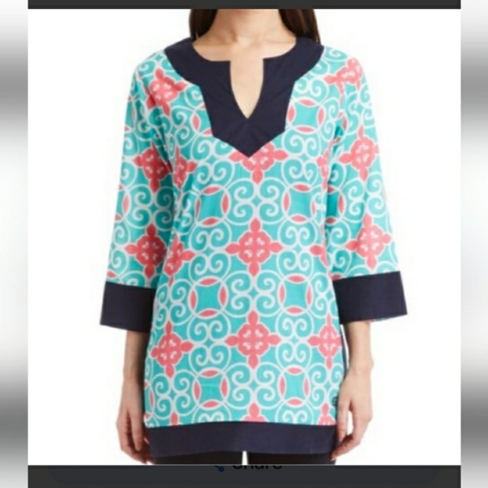 Simply Southern‎ sz Med Navy, Light Blue and Pink Cotton Tunic